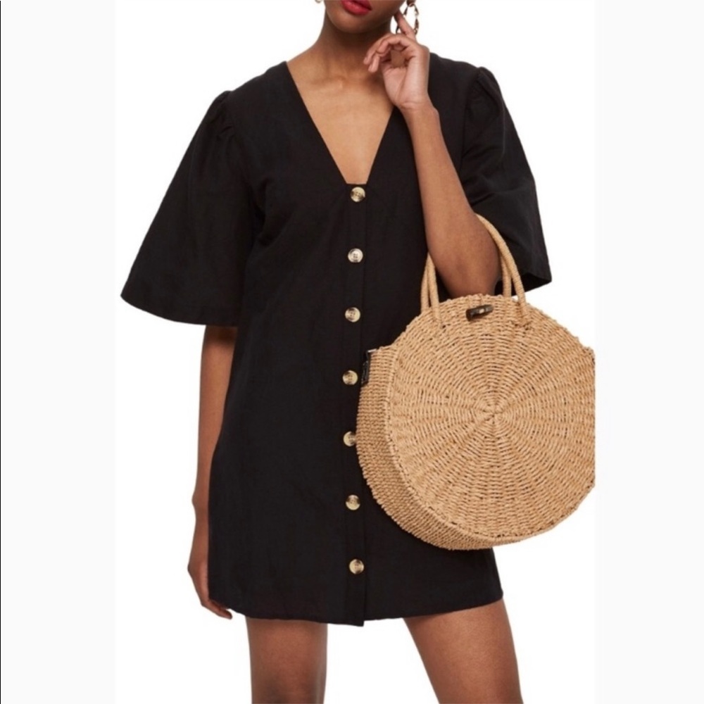 Topshop Black Linen Button Front Casual Dress